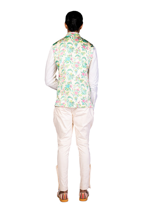 MULTICOLOUR WALLPAPER DIGITISED HANDPAINTED OFFWHITE WAISTCOAT, FAGGOTTING DETAIL WHITE SHIRT AND OFFWHITE PANTS + MULTICOLOUR STRIPE SHOES